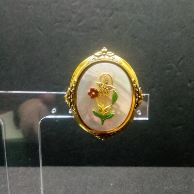 HERMOSO Broche Prendedor De Colección Tono Dorado con Flor de Madreperla con Esmalte LS1 Foto 1 de 4