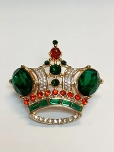 Hermoso Broche Corona Estilo Vintage Color Verde Cabujones Blanco Rojo Cristales - Imagen 1 de 5