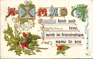 An Xmas Greeting Kind and True Friendships Name to You Holly 1910 Postcard - Picture 1 of 2