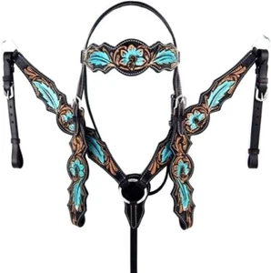 Western Horse Headstall & Breast Collar Genuine Leather Black - Picture 1 of 1