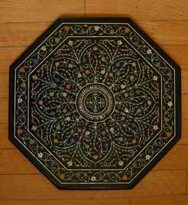 Vintage Black Marble Pietra Dura Octagonal Table Top | Handmade Inlay Art - Picture 1 of 10