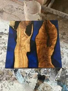 Square Shape Blue Epoxy Resin Wood Dining Center Table Top Home Deco Furniture - Picture 1 of 5