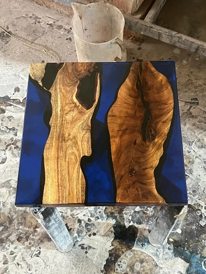 Square Shape Blue Epoxy Resin Wood Dining Center Table Top Home Deco Furniture - Image 1 of 4