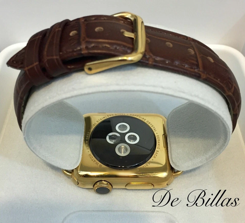 24K Gold Plated 42MM Apple Watch SERIES 2 Crocodile Brown Leather Gold Buckle - Image 1 of 4