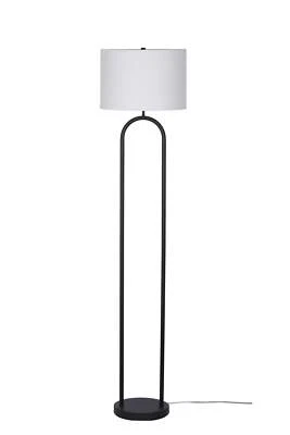 Abajur de assoalho de metal arco de pólo duplo 64", acabamento preto com abajur de tambor de tecido branco - Imagem 1 de 4