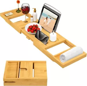 NEW - Bamboo Bathtub Tray Table - Collapsible & Adjustable Bathtub Caddy - Picture 1 of 7