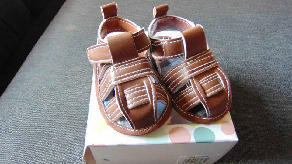 Little Me Sandal Shoes Faux Leather RipTape Fisherman Style Pram 0-6m Brown BNWT - Image 1 of 1