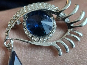 Gold Tone Crying Evil Eye Rhinestone Brooch Pin Blue All Crystal - Picture 1 of 3