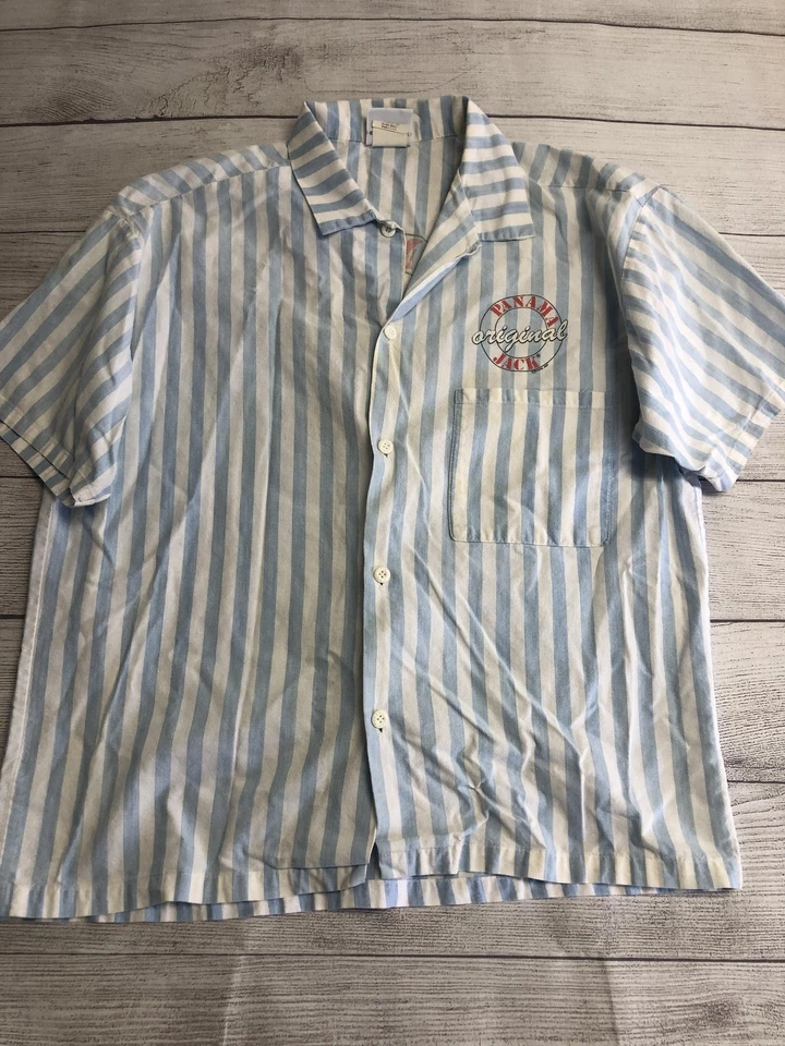 Vintage Panama Jack Shirt Mens Medium Blue White Striped Button Front 80s - Image 1 of 4