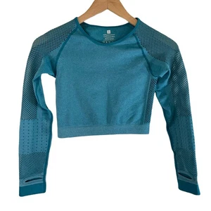 Women's Long Sleeve Cropped Crew Neck Workout Top Thumb Holes Teal Size Small - Picture 1 of 7