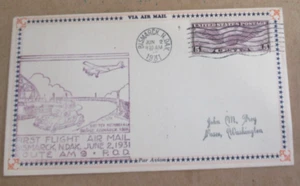 VINTAGE CACHET 1931 "AIR MAIL ROUTE FIRST FLIGHT AM 9 BISMARK, N. DAK" - Picture 1 of 4