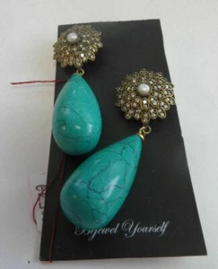 Turquise & Pearl Yellow Gold Tone Dangle Earrings - Picture 1 of 4