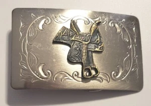 Vintage Western Saddle belt buckle for men. Rare, Uniquely made. Silver-tone - Picture 1 of 11