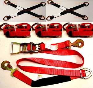 4 x ensembles sangles d'essieu transporteur de voiture remorque auto attachement cliquet remorque kit QUALITÉ ROUGE - Photo 1 sur 6