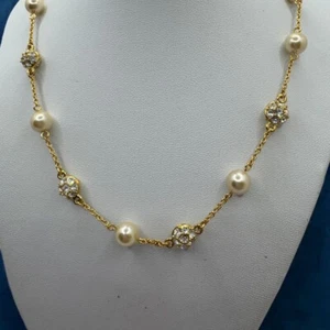 Vintage 90s Nolan Miller Faux Pearl Crystal Rhinestone Ball Necklace Gold Tone - Picture 1 of 10