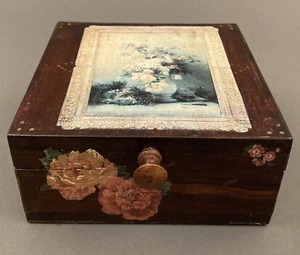 Decoupaged Wooden Box Flowers Jewelry Trinket Storage Cottage Shabby Chic - Picture 1 of 10