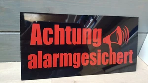 Achtung alarmgesichert Schild Schilder Acrylglas Schwarz 20x10 Schwarz Alarm - Bild 1 von 3