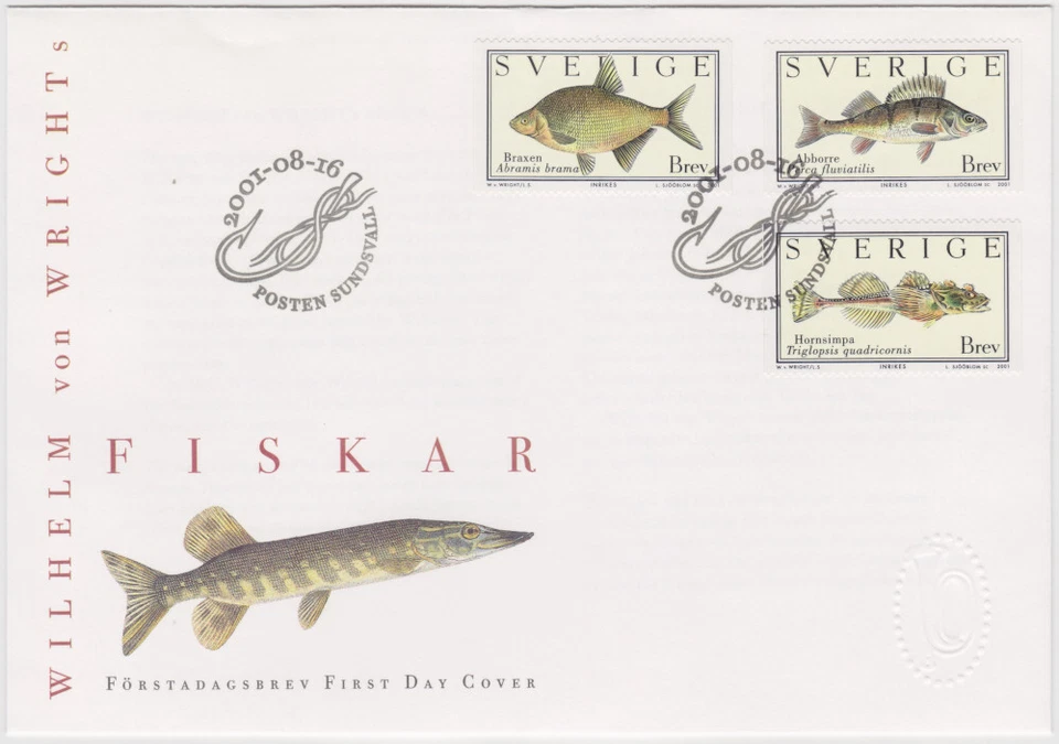 Sweden FDC 2001, Fishes, Wilhelm von Wright, Bream, Perch, Horned Schrimp Fish - Image 1 of 1