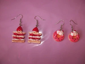 Novelty Earrings - Dangle - Strawberry Sandwich Cake & Donuts - Picture 1 of 3