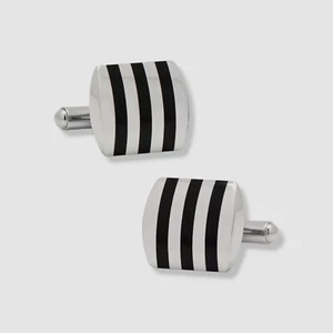 Ox & Bull Men's Silver Stainless Steel Striped Onyx Cufflinks - Picture 1 of 1