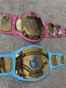 Pink Leather Dual Plated Winged Eagle And Blue Leather Intercontinental Title. - Picture 1 of 6