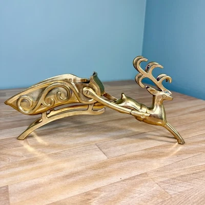 VTG Christmas Solid Brass Reindeer & Sleigh Votive Tea Light Candle Holder 11"L - Image 1 of 4
