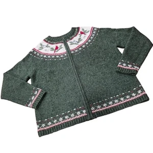 Green Cardinal Embroidered Silk Wool Blend Zip Front Cardigan Sweater Size Med. - Picture 1 of 7