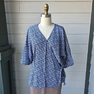 Talbots Petite XLP Faux Wrap Scroll Print Top Blue White 3/4 Sleeve Tie Waist  - Image 1 of 4