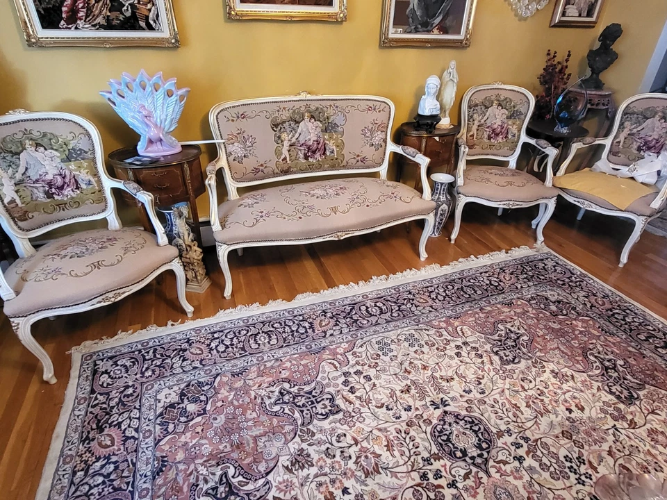 Louis XVI French Style  Fauteuil Chairs Set Hand Embroidered Custom Made - Image 1 of 4