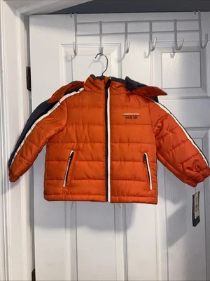 Abrigo acolchado London Fog niño pequeño con gorra tejida naranja gris talla 2T nuevo con etiquetas Foto 1 de 4