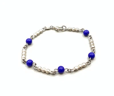 Designer SteF 925 Sterling Silver & Lapis Small Bead Stations 7.25” Bracelet - Image 1 of 4