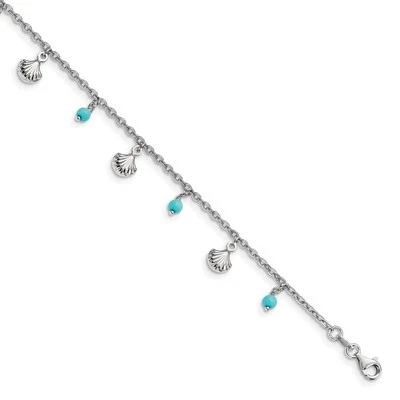 925 Sterling Silver Rhodium-plated Turquoise Shells Anklet 9" w/1in ext. 4.3gm - Image 1 of 4