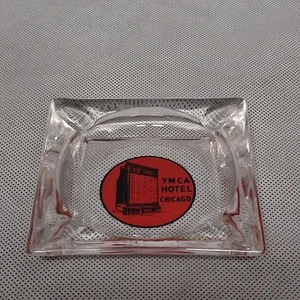 YMCA Hotel Chicago Ashtray Glass Clear Red Black Graphics - Picture 1 of 3