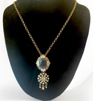 Urban Anthropologie Gray/Blue Bead Rhinestone Double Drop Brass Tone Necklace - Image 1 of 4