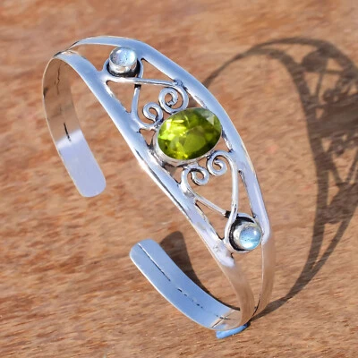 Faceted Peridot & Labradorite Gemstone 925 Sterling Silver Charming Bangle Cuff - Image 1 of 4