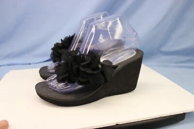 Nina Negro CUÑA TANGA SANDALIAS Tacones Altos EE. UU. Talla 7 1/2 M Lindo Foto 1 de 4