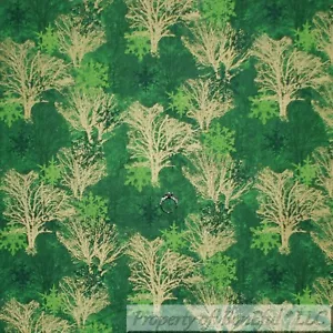 BonEful FABRIC FQ Cotton Quilt Green Forest Tree Gold Metallic Snowflake Xmas US - Picture 1 of 14