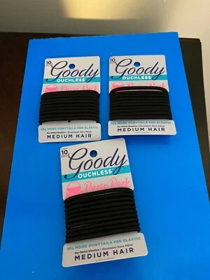 全新 批量 3 件 GOODY OUCHLESS 适用于中型头发 黑色头发弹性 10 克拉 每件 — 第 1/4 张图片