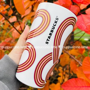 Starbucks 2024 Fall White Gold Maroon Ribbon Ceramic Tumbler, 12 oz - Picture 1 of 8