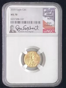 2020 1/10 Oz $5 Gold American Eagle NGC MS 70 Don Everhart Hand Signed RARE - Picture 1 of 3
