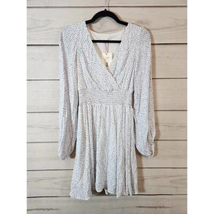 GB Women's White Blue Polka Dot Smocked Long Sleeve V-Neck Mini Dress Small NWT - Picture 1 of 7