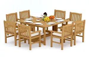 9-Piece Outdoor Teak Dining Set: 60" Butterfly Folding Table, 8 Arm Chairs Devon - Picture 1 of 7