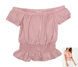 Ultra Flirt Off-the-Shoulder Smocked Lace Up Short Sleeve Blouse Top S NWT Rose - Picture 1 of 1
