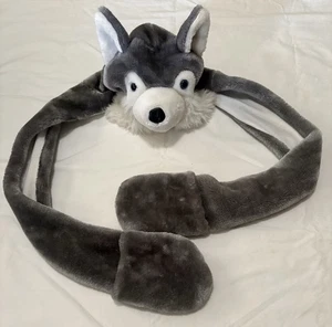 grau weiß blauäugiger Wolf/Husky Tier Mütze Kapuze Schal mit Handschuh Pfoten - Bild 1 von 4
