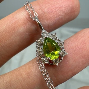 925 Sterling Silver Necklace 7x5mm Natural Peridot Gemstone Zircon Pendant Gift - Picture 1 of 10