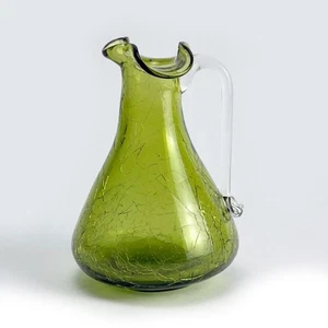 Glass Bud Vase Pitcher Blenko Green Handblown Crackle Mini 4 1/4" USA Vintage - Picture 1 of 8