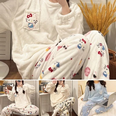 Ladies Fleece Pyjama Set Soft Warm Crew Neck Top Pants Loungewear Nightwear