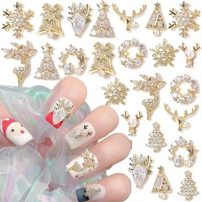 24 dijes de uñas de Navidad de circón de lujo - copo de nieve 3D, alce, estilo navideño1 Foto 1 de 4