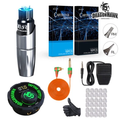 Dragonhawk TOP Beginner Tattoo Machine Set Kit Motor Rotary Pen Power NeedlesE