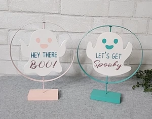 Letreros de mesa fantasma de Halloween rosa verde boo espeluznante madera giratoria 2 piezas 10" - Imagen 1 de 7